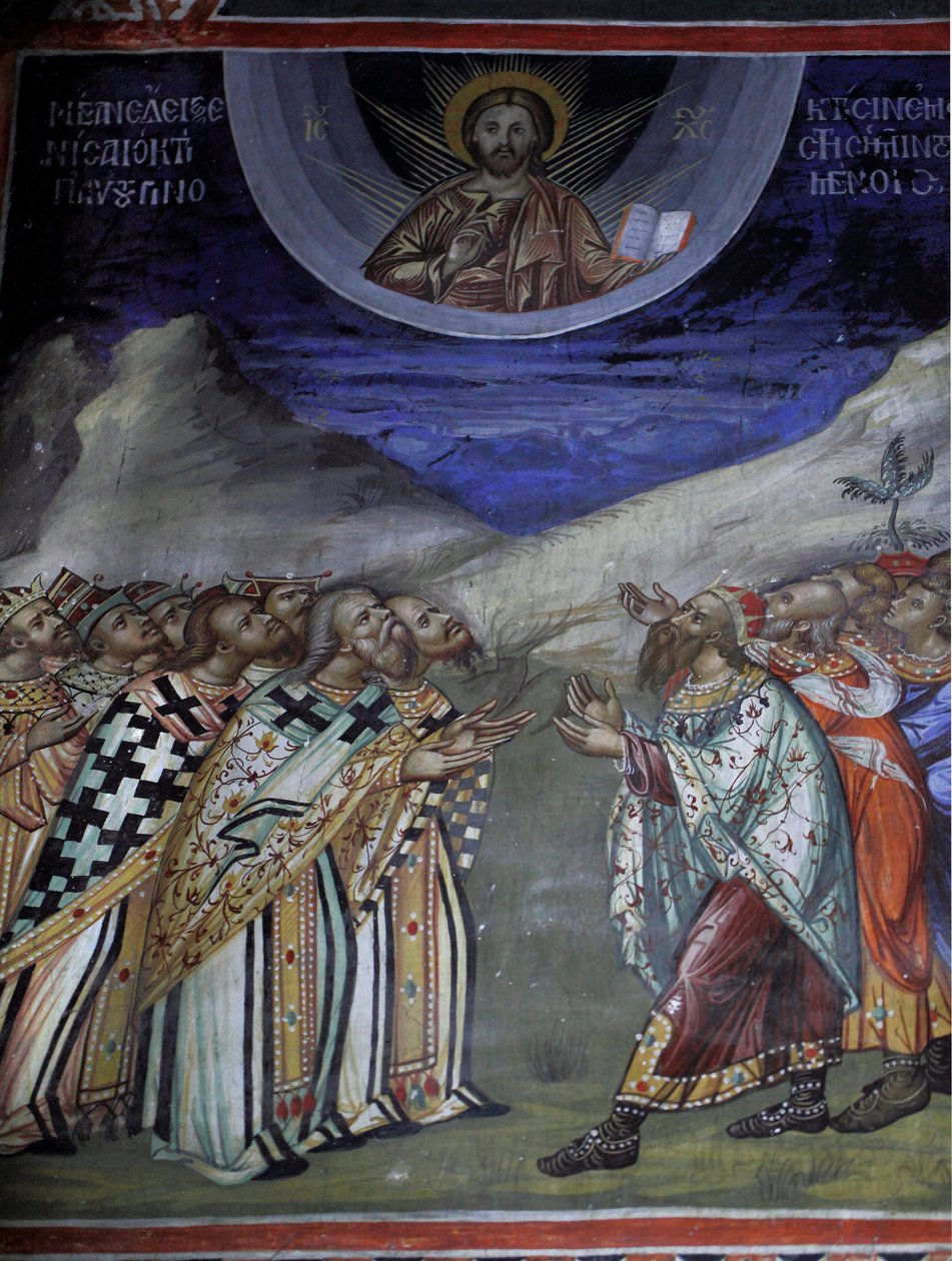 Kristus i herlighet kontrollerer de timelige og åndelige krefter Bysantinsk freskomaleri fra Agios Ioannis Lampadistis kloster, Saint-John Lampadistis 1000-tallet Kypros Malte kirker UNESCO-sted Troodos, Kypros av William M. Timlin