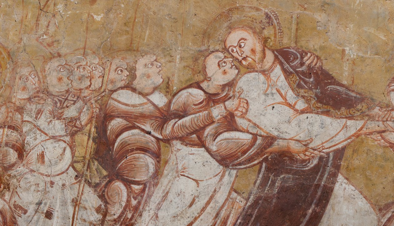 Kirke (Église Saint-Martin). Interiør. Veggmalerier (fresco). Nordveggen i koret. Detalj. Arrestasjon av Kristus. 1100-tallet. av Unbekannt