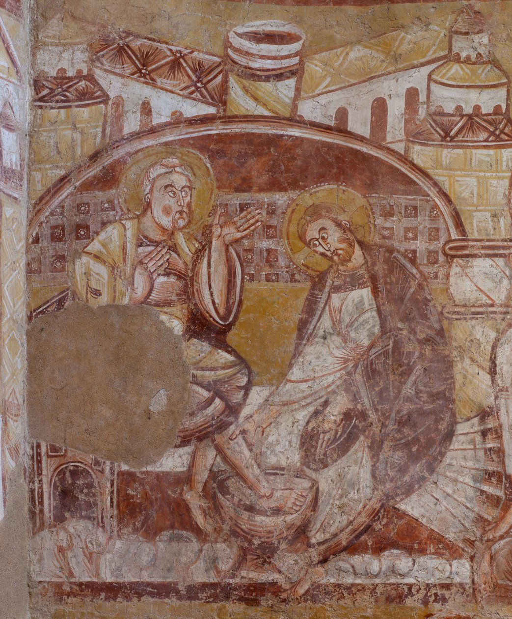 Kirke (Église Saint-Martin). Interiør. Veggmalerier (fresco). Nordveggen i koret. Detalj. fotvask. 1100-tallet. av Unbekannt
