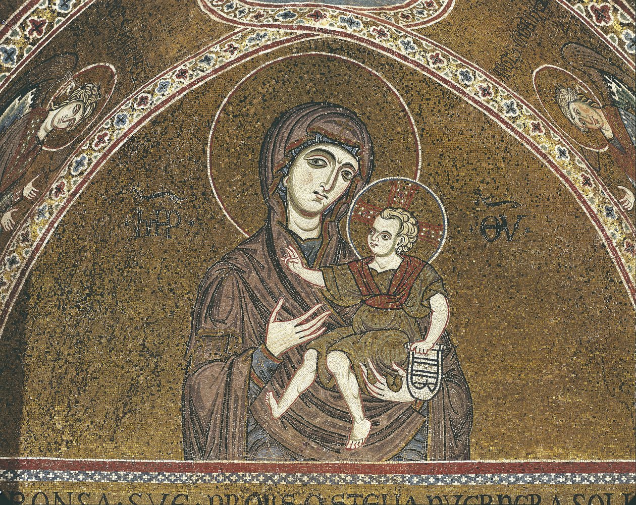 Nærbilde av et veggmaleri av Jomfru Maria, Monreale, Sicilia, Italia av Benjamin Baud