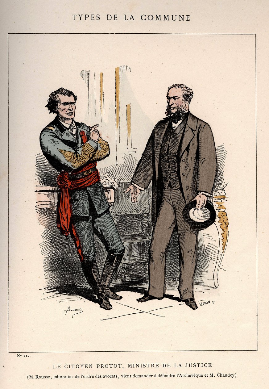 Paris Commune: kostyme til LE CITIZEN PROTOT, JUSTISMINISTER og M.ROUSSE, BATONNER AV ORDEN DES AVOCATES, KOMMER GJELDER TIL DEFENSE L