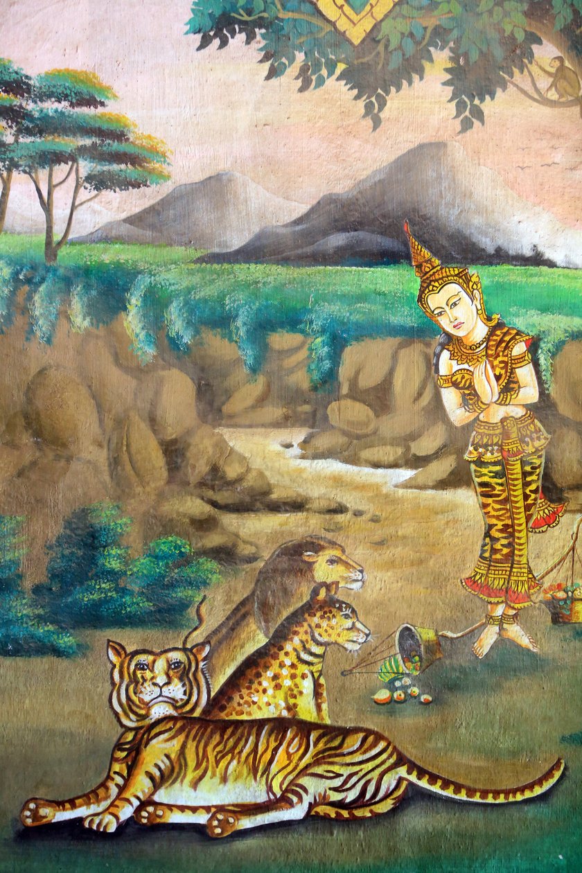 Medfølelse med dyr. Maleri som skildrer livshistorien til Shakyamuni Buddha. Wat Naxai. Vientiane. Laos, 20151106, Vientiane, Laos av Unbekannt