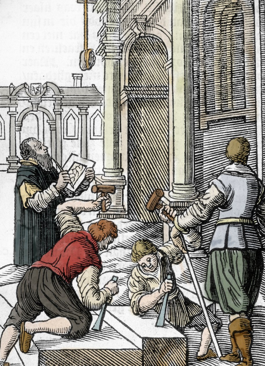 Bygging av en katedral, steinskjærere på 1200-1300-tallet (gravering) av Unbekannter Künstler