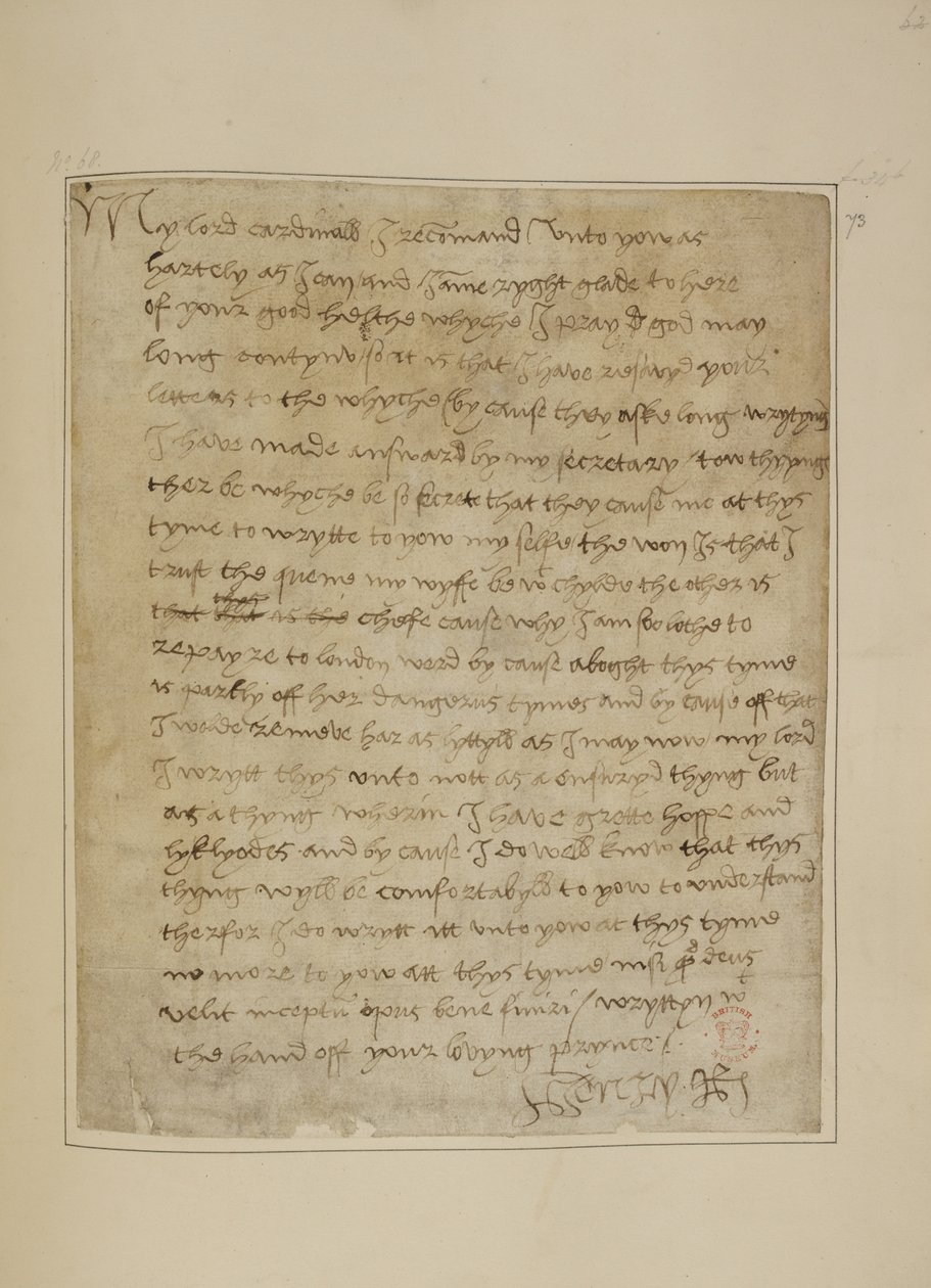 Cotton MS Vespasian F iii fol.73 Brev fra Henry VIII til Thomas Wolsey, juni 1518 (penn og blekk på papir) av Unbekannter Künstler