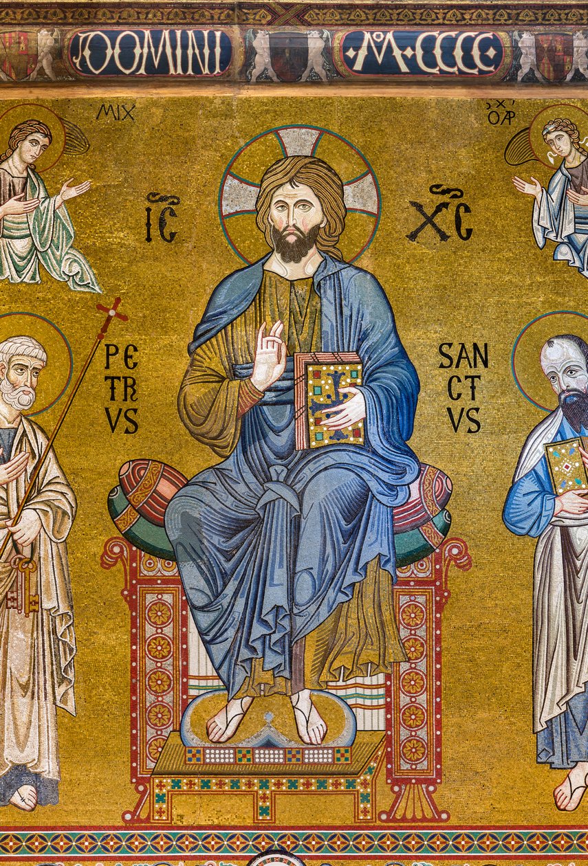 Motfasade: mosaikk "Kristi majestet tronet mellom de hellige Peter og Paulus", XII århundre, Palatinerkapellet, Det kongelige palass eller Palazzo dei Normanni (normannernes palass), Palermo, Sicilia, Italia (bilde) av Unbekannter Künstler