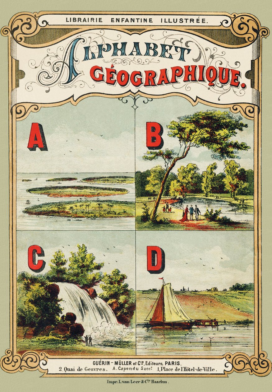 Omslag: A: skjærgård, B: Bois de Boulogne, C: foss, D: dyke - Gravering hentet fra Geografisk alfabet. Guerin-Muller et Cie, forlag, Paris av Unbekannt