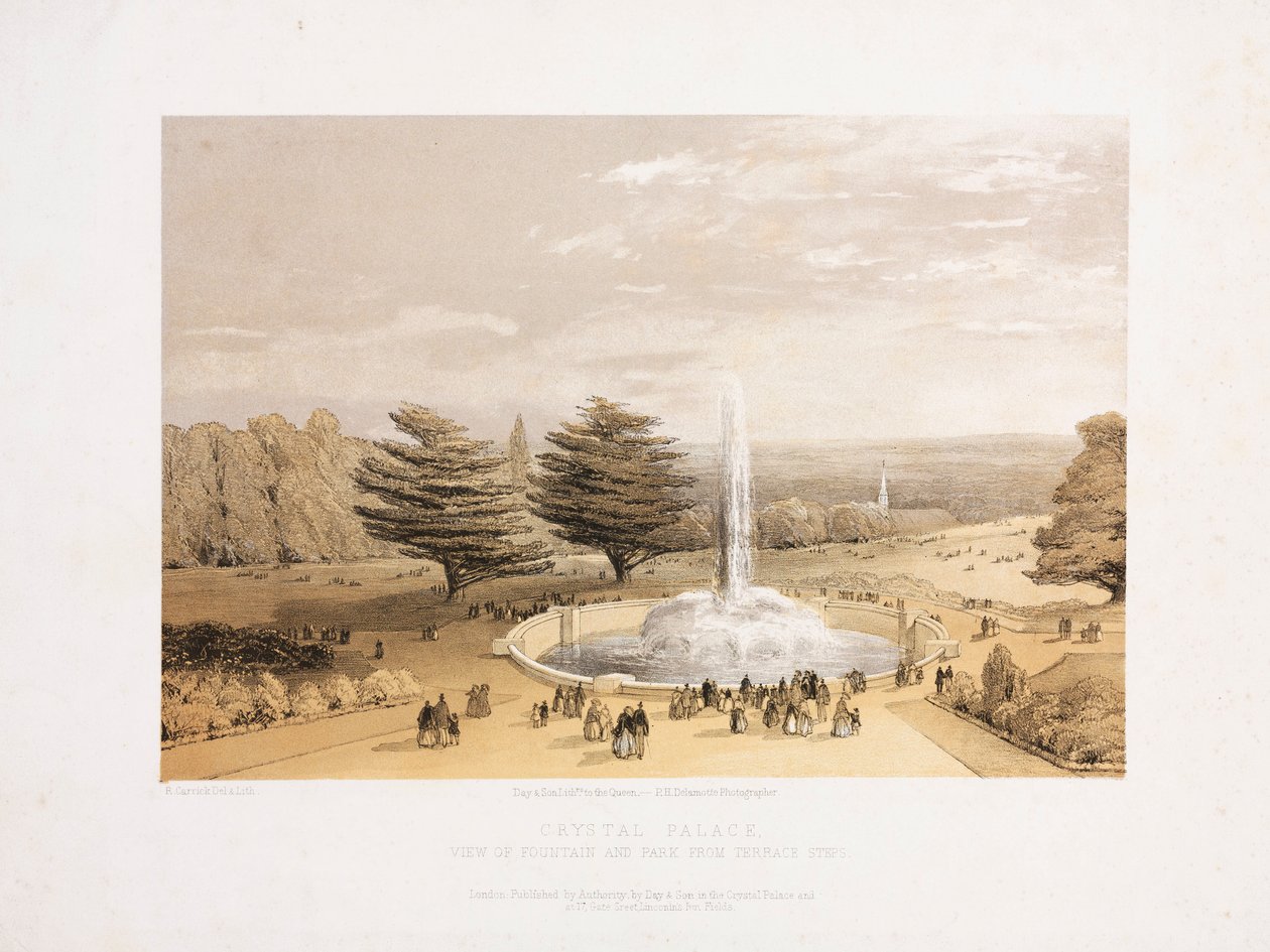 Crystal Palace, Post-Great Exhibition Fontenen og parken fra terrassetrinnene til Crystal Palace, ca 1855 av Unbekannt