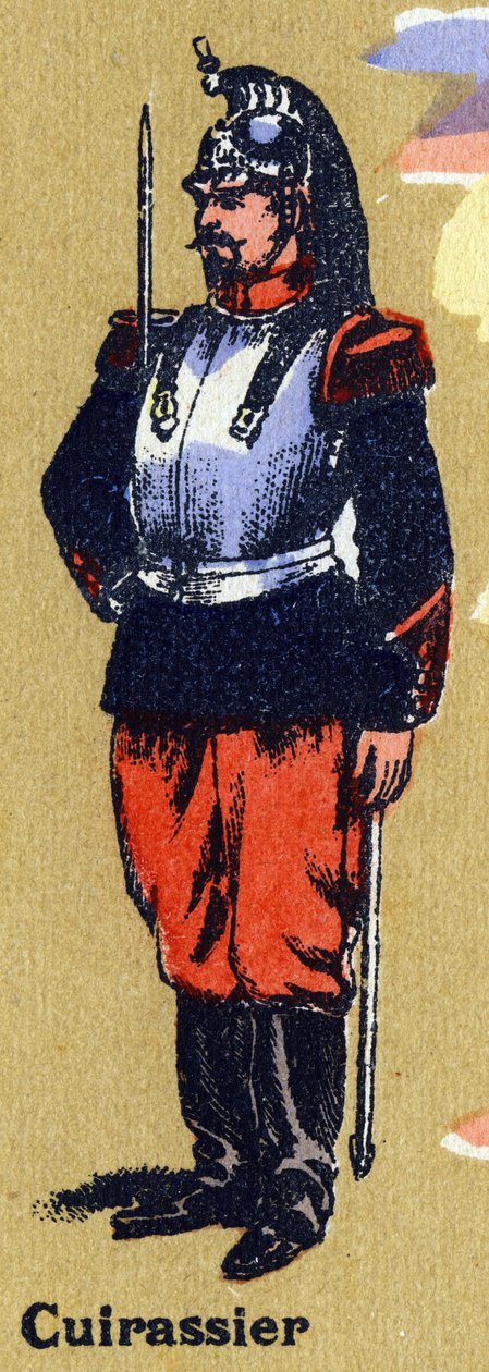 Cuirassier i soldatuniform. Illustrert alfabet. Bilder gjenforent i Jarville-Nancy, begynnelsen av det 20. århundre. Mål: 40 x 29 cm. Litografi på bistre-bakgrunn av Unbekannt
