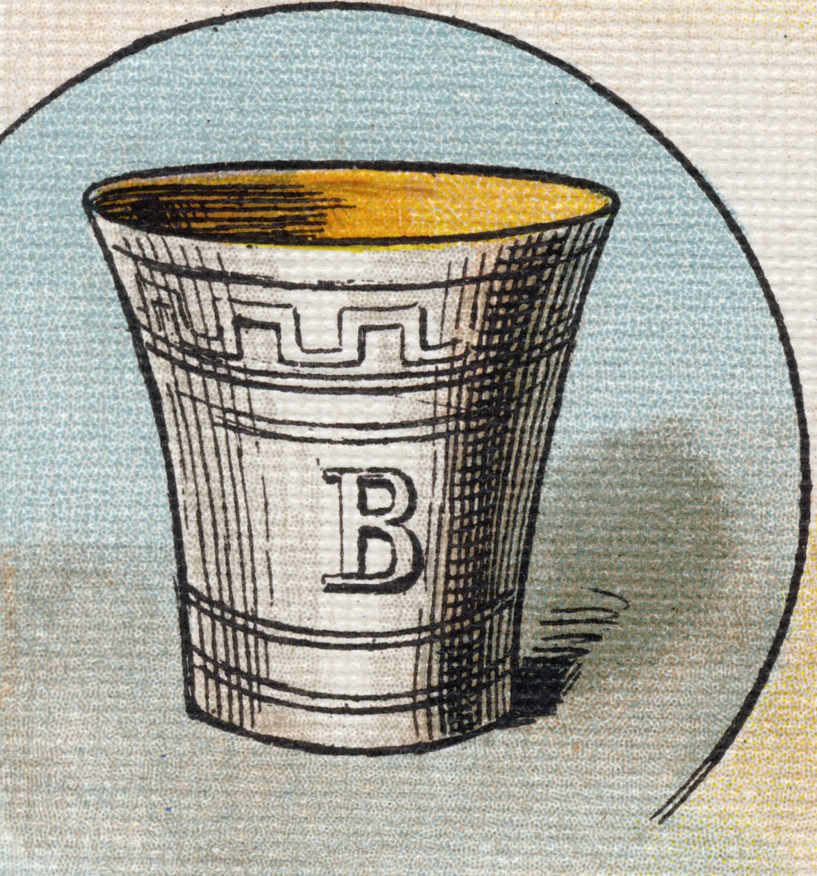 Cup . Gravering i "Alphabet de ma petite fille". Bernardin-Bechet og Fils, bokhandler-forlag, Paris, rundt 1895. Ubrytelig album på lerret. Bibliotheque des Bebes. 12 sider. Album som inneholder en lesemetode og et illustrerende abecedary. Dim: 29, av Unbekannt