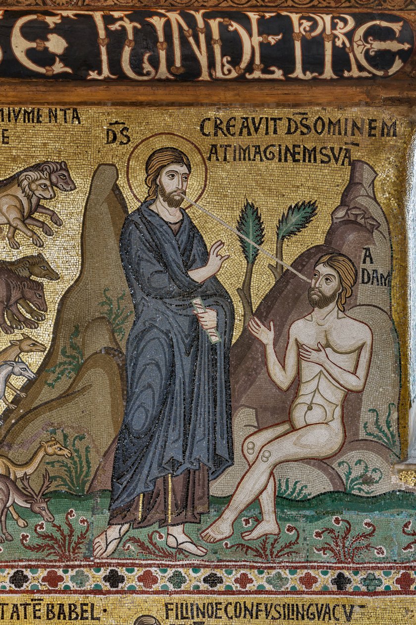 Syklus av mosaikk på Det gamle testamente, syklus av skapelsen: "Skapelsen av Adam", XII århundre, Palatinerkapellet, Det kongelige palass eller Palazzo dei Normanni (normannernes palass), Palermo, Sicilia, Italia (bilde) av Unbekannter Künstler