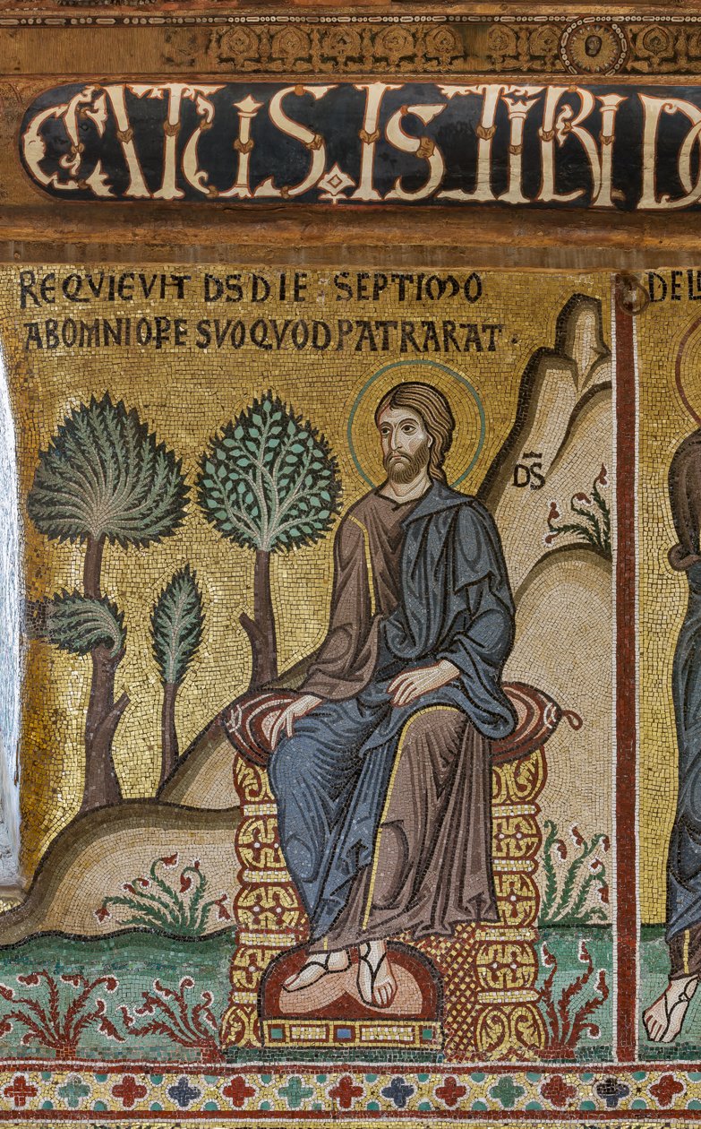 Syklus av mosaikk på Det gamle testamente, syklus av skapelsen: "Skaperens hvile på den syvende dag", XII århundre, Palatinerkapellet, Det kongelige palass eller Palazzo dei Normanni (normannernes palass), Palermo, Sicilia, Italia ( bilde) av Unbekannter Künstler
