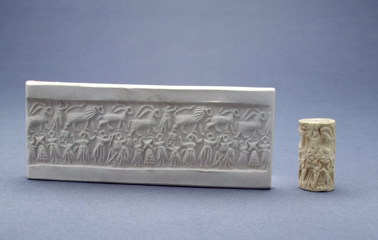 Sylinderforsegling, vist med gipsavtrykk, mesopotamisk, sumerisk (tidlig dynastisk III), ca. 2500 f.Kr. (stein) av Unbekannt