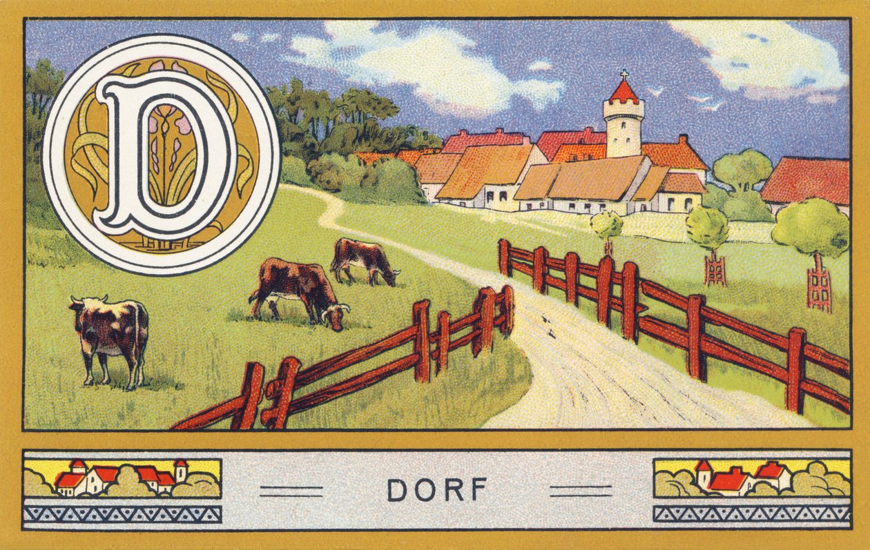 D: Landsby - Alphabet Palmin. Serie med kromolitografier redigert av H. Schlinck & Cie, Hamburg, s. d. . Annonse for Palmins fineste kokosfett. Mål: 7 x 11 cm av William M. Timlin