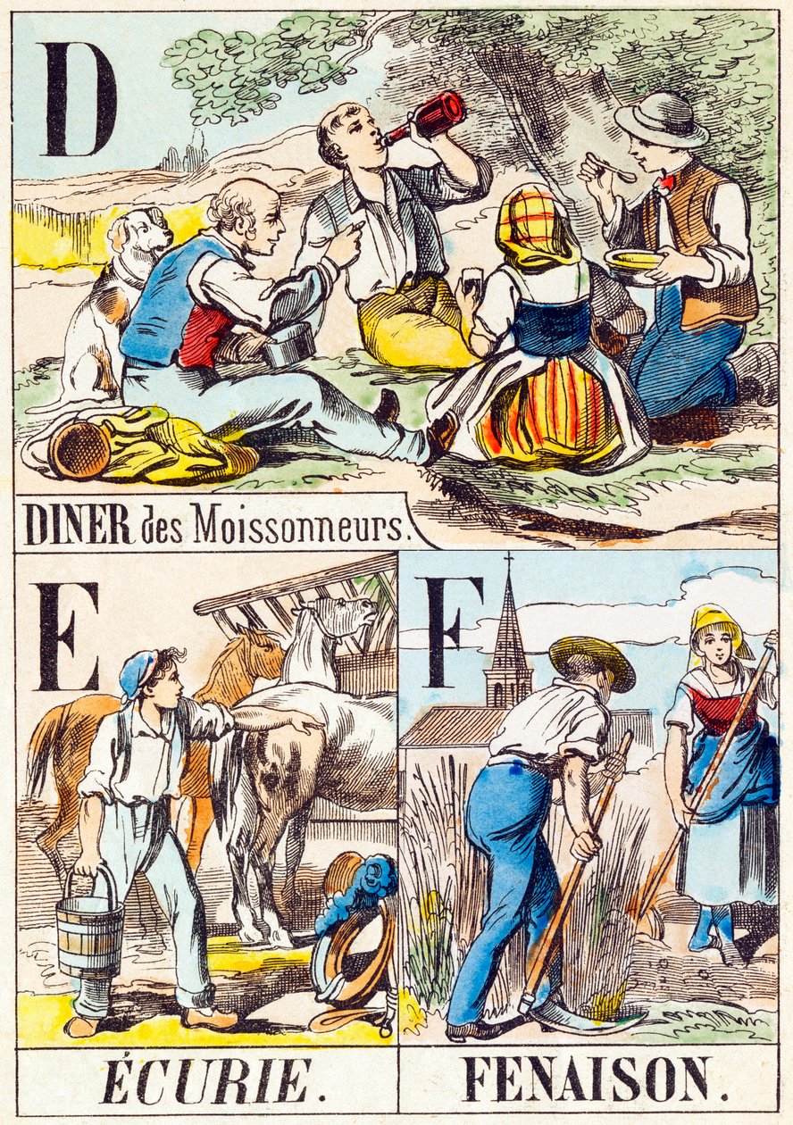 D E F: Diner des Moissonneurs, Ecurie, Fenaison - "Alfabetet til gården" slutten av 1800-tallet (gravering) av Unbekannt