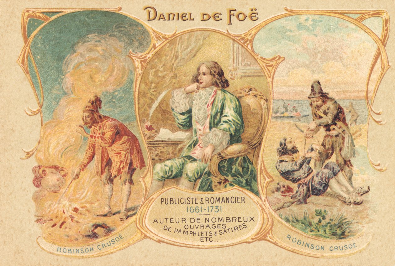 Daniel Defoe ved skrivebordet og hans berømte verk (trykk) av Unbekannter Künstler