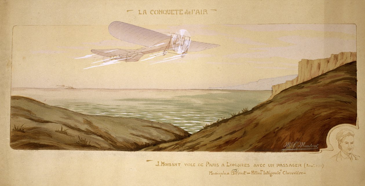 Begynnelsen av luftfarten: John Moisant gjennomførte den første passasjertransporten over Den engelske kanal, med sin mekaniker i sitt toseters Bleriot-fly 17. august 1910 av Unbekannt