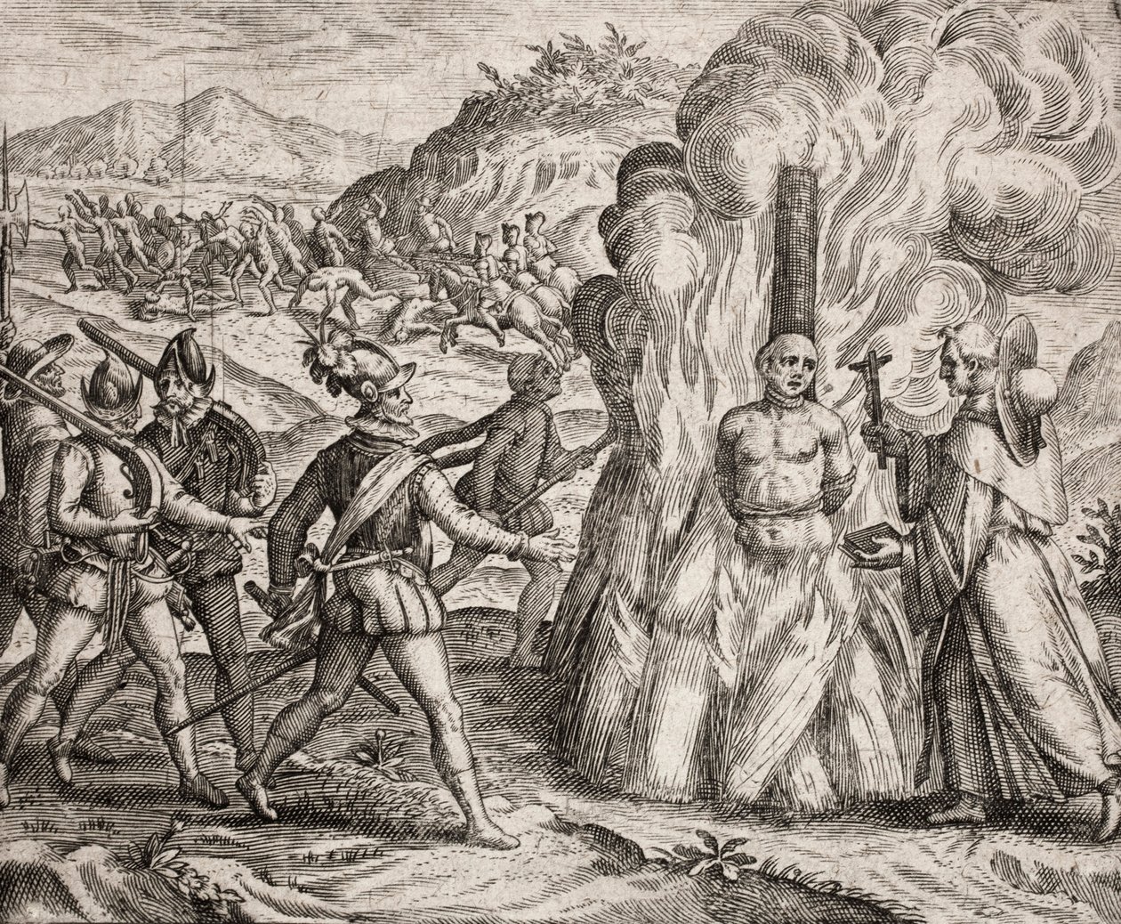 Beskrivelse av forbrytelsene som ble påført indianerne av de spanske kolonistene - Conquistadorer som brenner på bålet en indianer som nektet å konvertere til den katolske troen. Religiøse av fransiskanerordenen (gravering) "" Narratio regionum i av Unbekannt