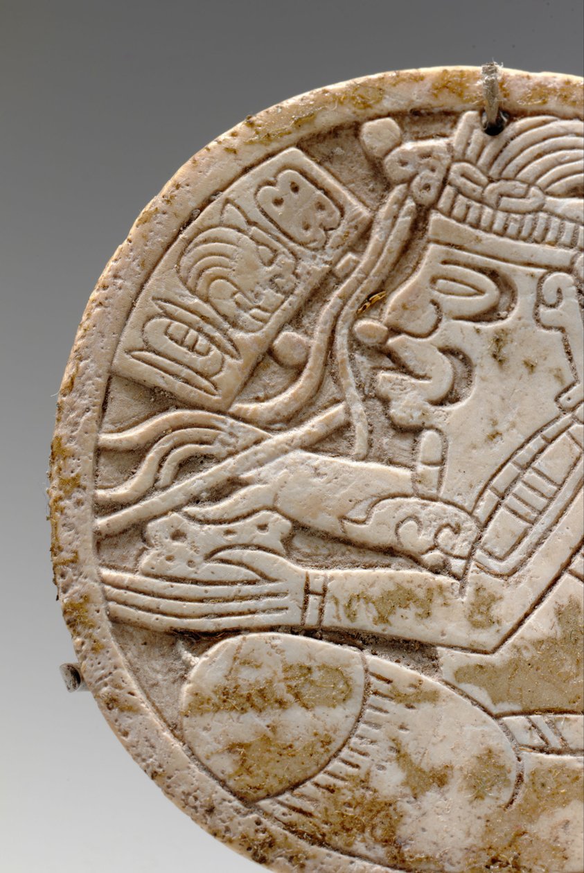 Detalj fra en Maya-skall-rundell, som viser en skribent i kryss med pennen i hånden, ca. 550-950 av Unbekannt