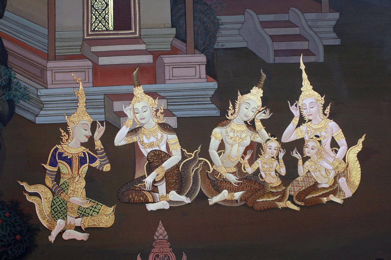 Detalj av et veggmaleri i Uposatha (helligdomshallen) i Buddhapadipa-tempelet, Wimbledon, Grande-Bretagne av Unbekannt