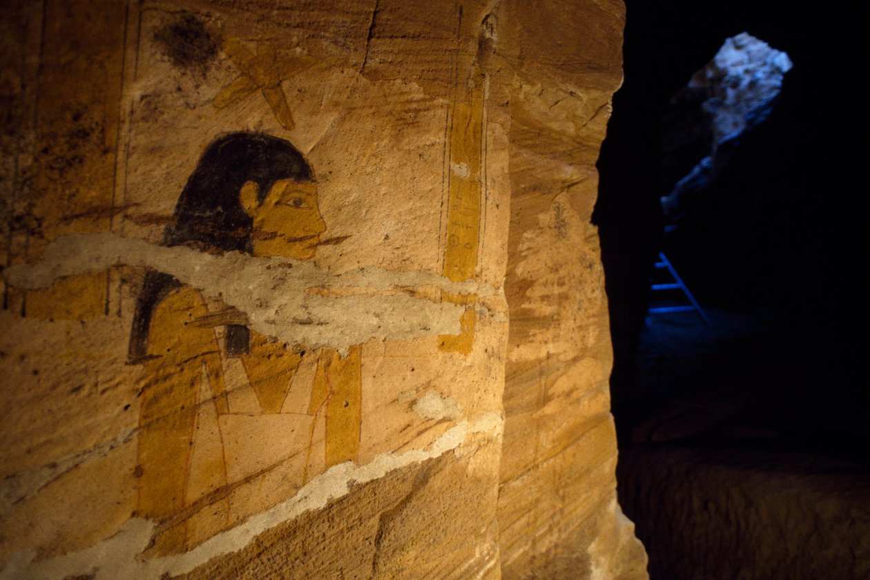 Detalj av veggmalerier funnet under utgravninger i Tomb of Governor, Valley of Golden Mummies, Bahariya Oasis, Giza, Egypt av Benjamin Baud