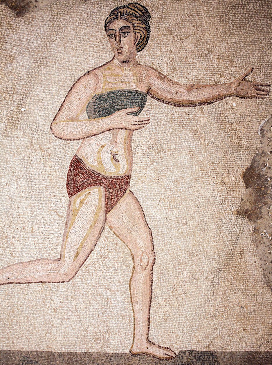 Detalj av Chamber of the Ten Maidens eller mosaikken til "Bikini-jentene". Løping. 3. - 4. århundre. Roman Villa of the Casale, Sicilia. UNESCO nettsted. av Unbekannt