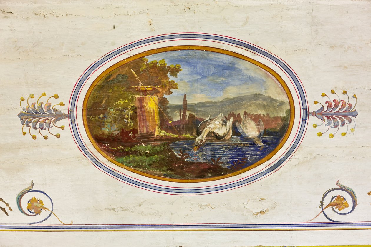 Detalj av dekorasjonen som viser svaner, Det røde rommet, Den kongelige leiligheten, Det kongelige palass eller Palazzo dei Normanni (normannernes palass), Palermo, Sicilia, Italia (bilde) av Unbekannter Künstler