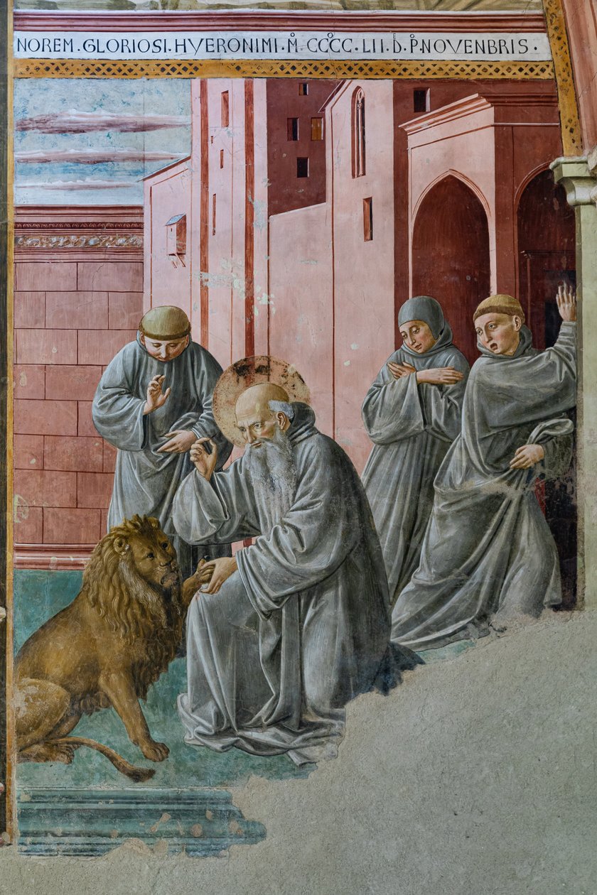 Detalj med St. Hieronymus som tar tornen fra løvens pote, St. Hieronymus kapell av Unbekannter Künstler