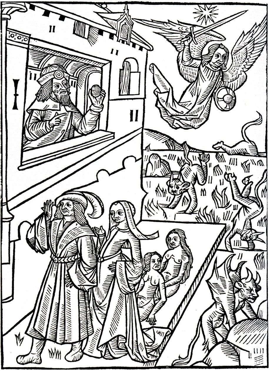 Djevler blir forfulgt av erkeengelen Saint Michael, mens mennesker fortsetter sine aktiviteter av Alec Hunter