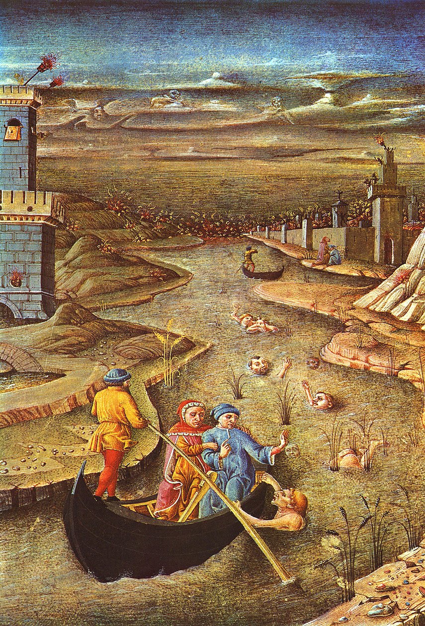 Divine Comedy: Dante og Virgil, båret av Charron, møter den fordømte Filippo Argenti (miniatyr) av Unbekannter Künstler