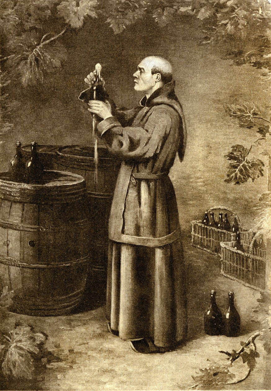 Dom Perignon oppdager mose i 1714 - tidlig på 1900-tallet (gravering) av Alec Hunter