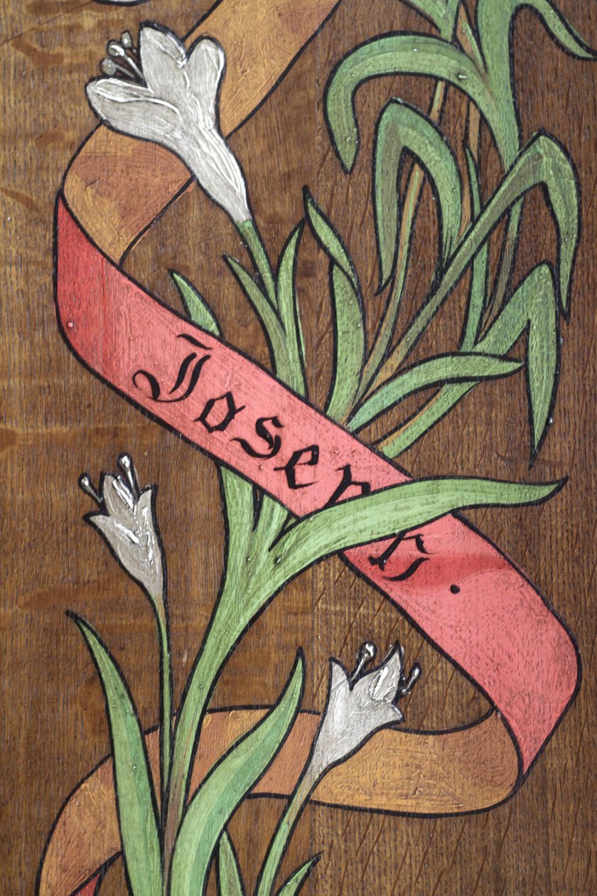 Tegning. Blomster og et bånd med navnet Joseph skrevet på, Fecamp, Frankrike av Unbekannt