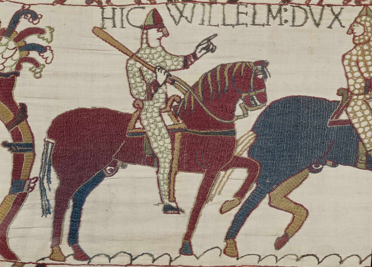 Hertug William formaner troppene sine til å forberede seg på kampen mot den engelske hæren, Bayeux Tapestry (ullbroderi på lin) av Unbekannt