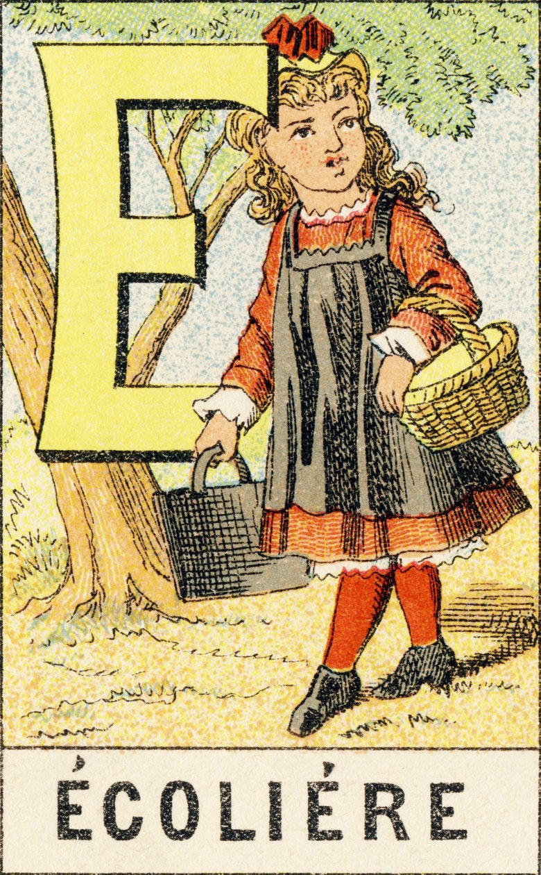 E: Skolepike - Gravering hentet fra ABCD av små jenter. Pellerin & Cie, trykkeri-utgiver, Epinal, rundt 1890. Serie A. Mål: 19 x 13,5 cm. av Unbekannt