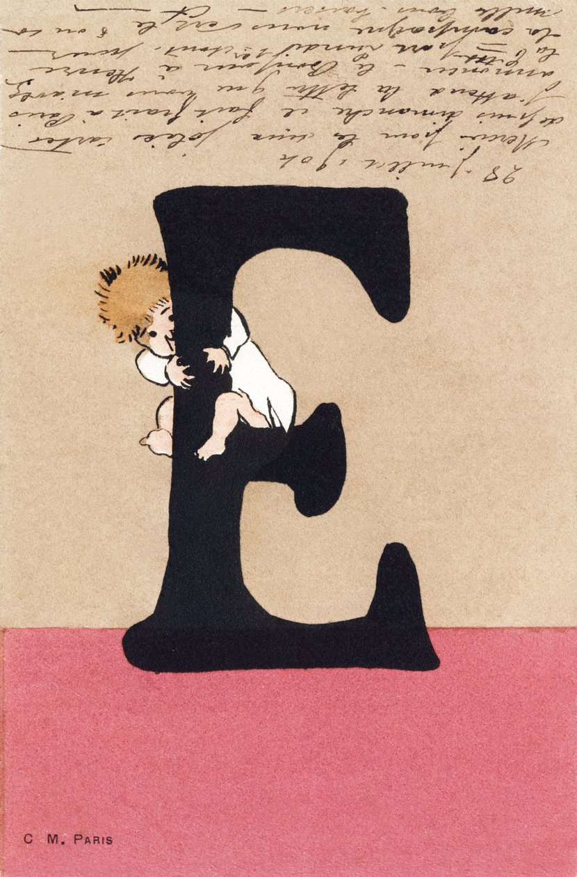 E for klem, kyss - Barnealfabetet. C.M.-redaktør, Paris. Håndmalte postkort, frankert i 1904. Mål: 14 x 9 cm av Unbekannt