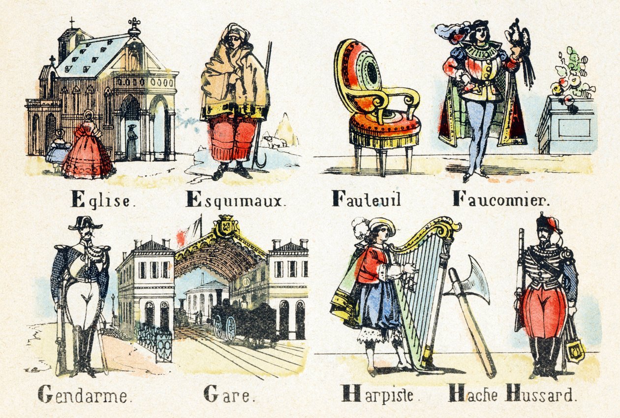 E Eskimo kirke - F falkoner lenestol - G stasjon politimann - H hussar økse harpist - Alfabet - barneunderholdning - Bilde epinal, populær serie ca.1890 (illustrasjon) av Unbekannt