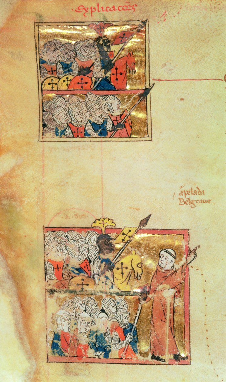 F.eks. 1500 f.45v To miniatyrer som viser korsfarere ledet av Peter Eremitten, ca. 1095, Histoire Universelle, ca. 1286 (vellum) (se 11457 for detaljer) av Unbekannter Künstler