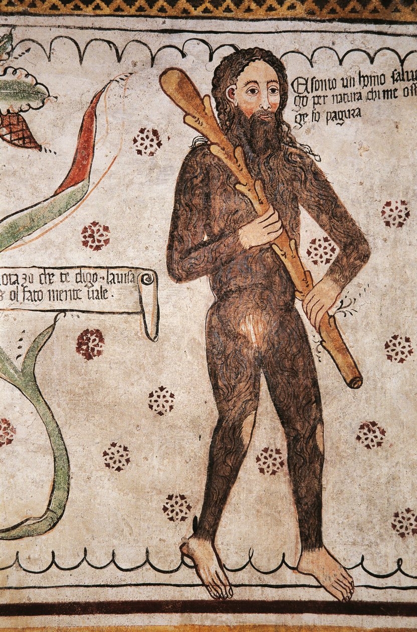 Ego sonto un homo salvadego per natura, chi me ofende ge fo pagura (Jeg er vill mann av natur, de som fornærmer meg vil jeg sette frykt), fresco, Homo Salvadego museum, Sacco, Cosio Valtellino, Lombardia, Italia av Benjamin Baud