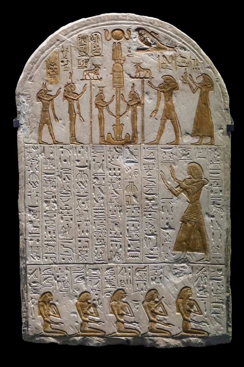 Egyptisk antikk: Stele av Neferhetep, munnholder av kongen rundt 1300 f.Kr. 19. dynasti, Dim 73x49 cm Paris Louvre museum av William M. Timlin