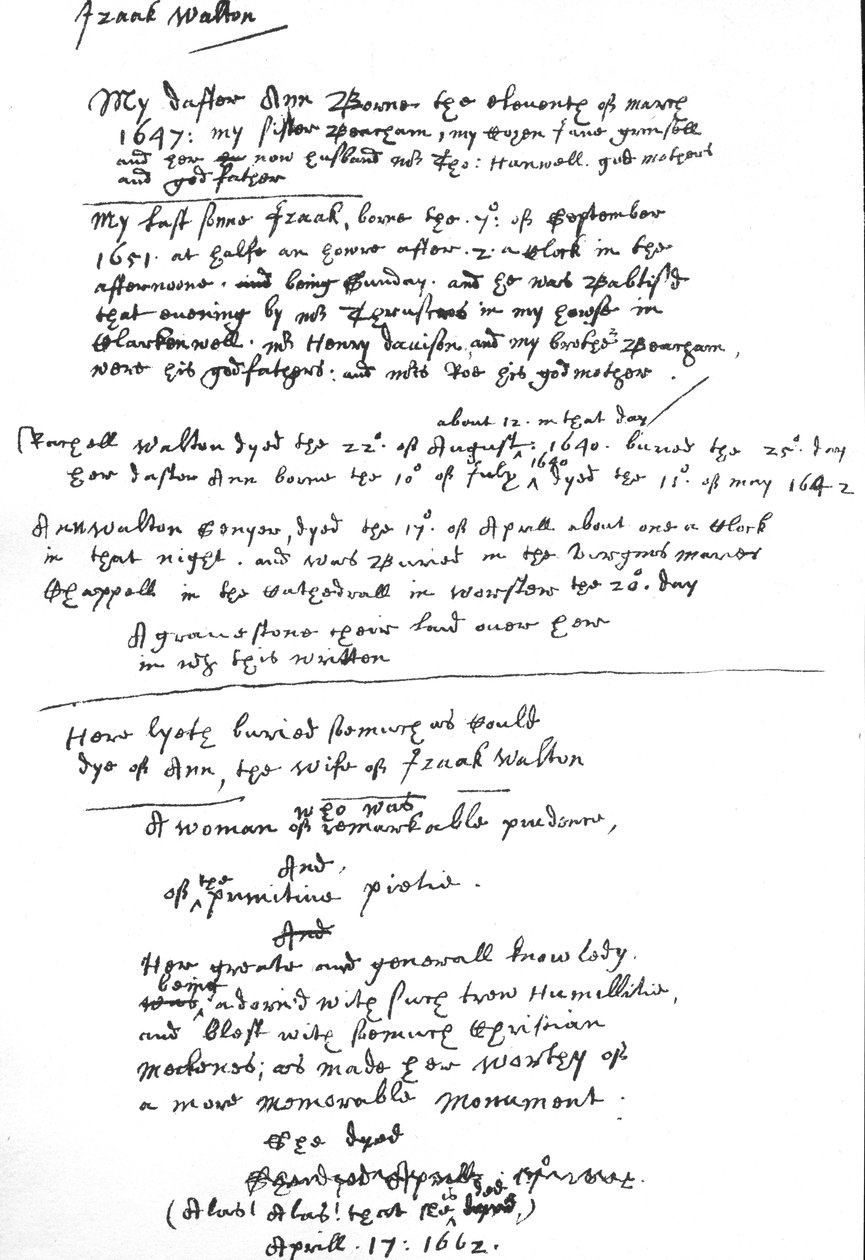 Innlegg av Izaak Walton på hans kopi av Book of Common Prayer, etter 1662 (penn og blekk på papir) av Unbekannt