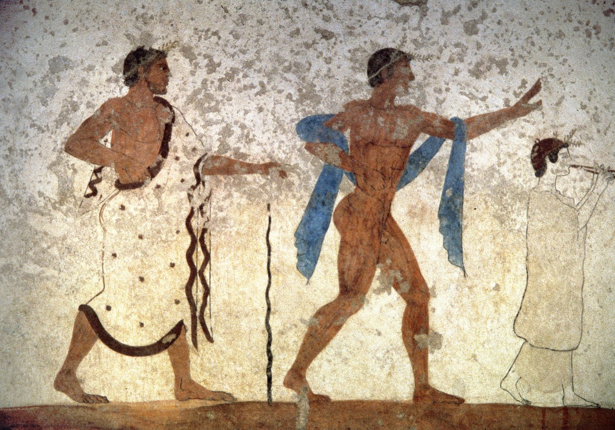 Ephebos-ungdom forfulgt av en musiker og en seremonimester, fra The Tomb of the Diver, 480 f.Kr. (veggmaleri) av Unbekannter Künstler