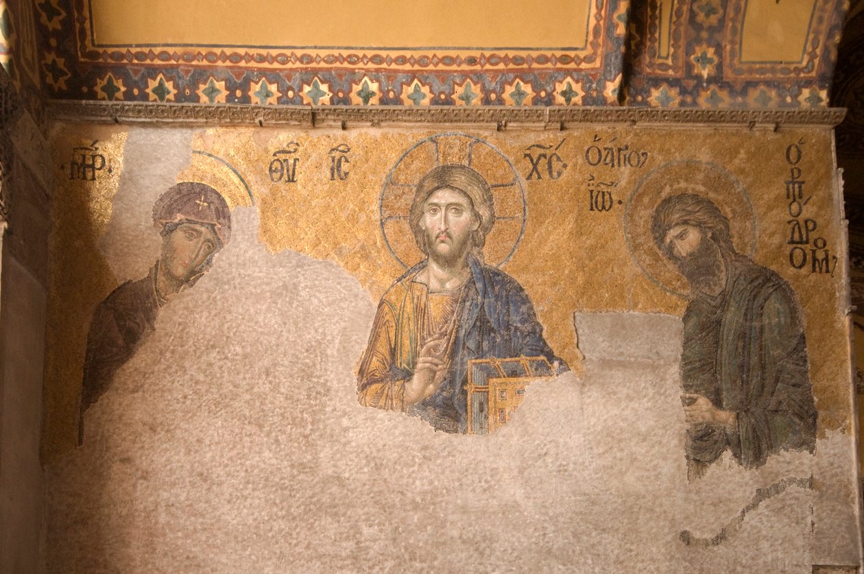 Europa-Asia, Tyrkia, Istanbul, Aya Sofya-museet (537 e.Kr., tidligere moske og kirke), mosaikkpanel med Kristus, Maria og døperen Johannes av Unbekannt