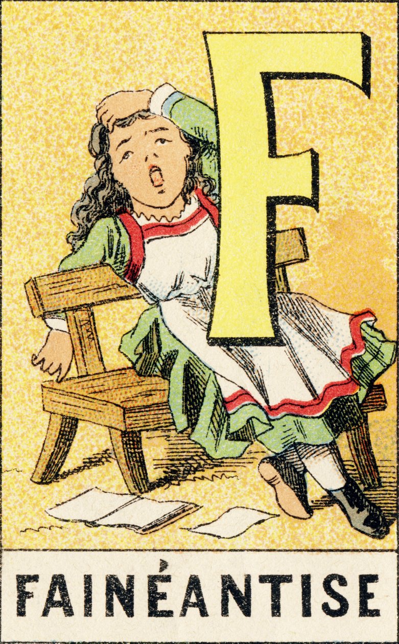 F: Faineantise - Gravering hentet fra ABCD av små jenter. Pellerin & Cie, trykkeri-utgiver, Epinal, rundt 1890. Serie A. Mål: 19 x 13,5 cm. av Unbekannt