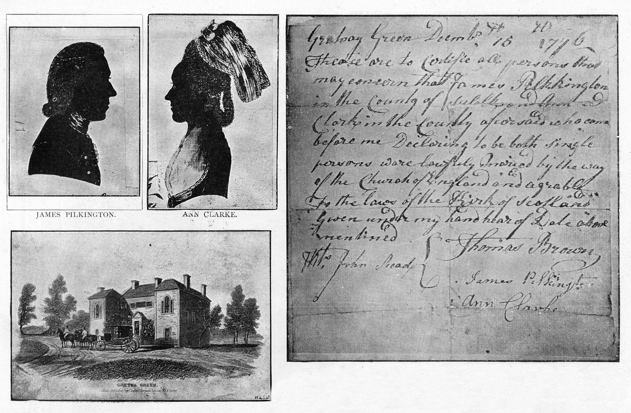 Faksimile av et Gretna Green Marriage Certificate med portretter av paret, James Pilkington og Ann Clarke, giftet seg 16. desember av Unbekannt