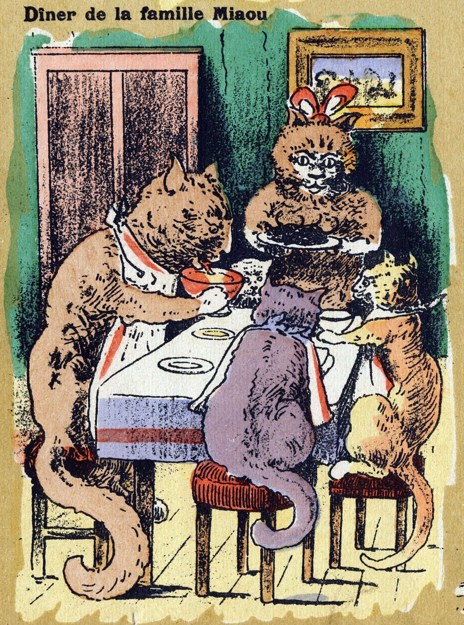 Familiemiddag mjau. Illustrert alfabet. Bilder gjenforent i Jarville-Nancy, begynnelsen av det 20. århundre. Mål: 40 x 29 cm. Litografi på bistre bakgrunn av Unbekannt