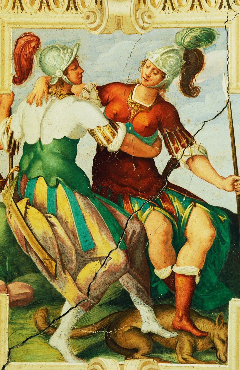 Kvinnelige skikkelser med hjelmer, detalj fra freskomaleri i Manta Castle (1400-tallet), Saluzzo, Piemonte, Italia av Benjamin Baud