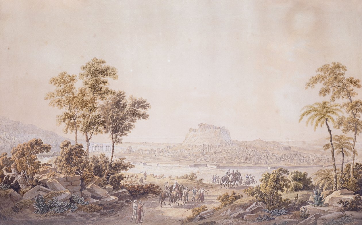 Figurer som nærmer seg byen Athen, Hellas, ca. 1800 av Unbekannt