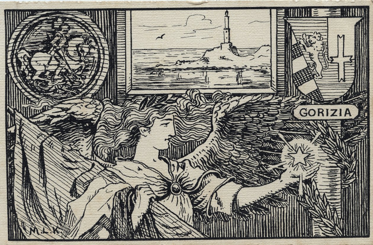 Første verdenskrig (1914-1918): Italiensk patriotisk postkort for vedlegget av Gorizia til Italia av Unbekannter Künstler