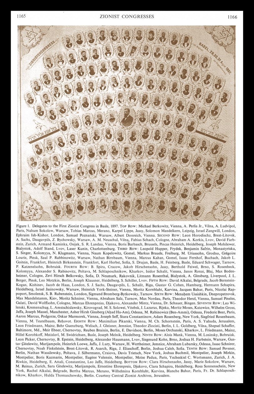 Første sionistkongress i Basel 1897. Theodore Herzl dukker opp i sentrum av montasjen av delegater og ledere av Unbekannter Künstler