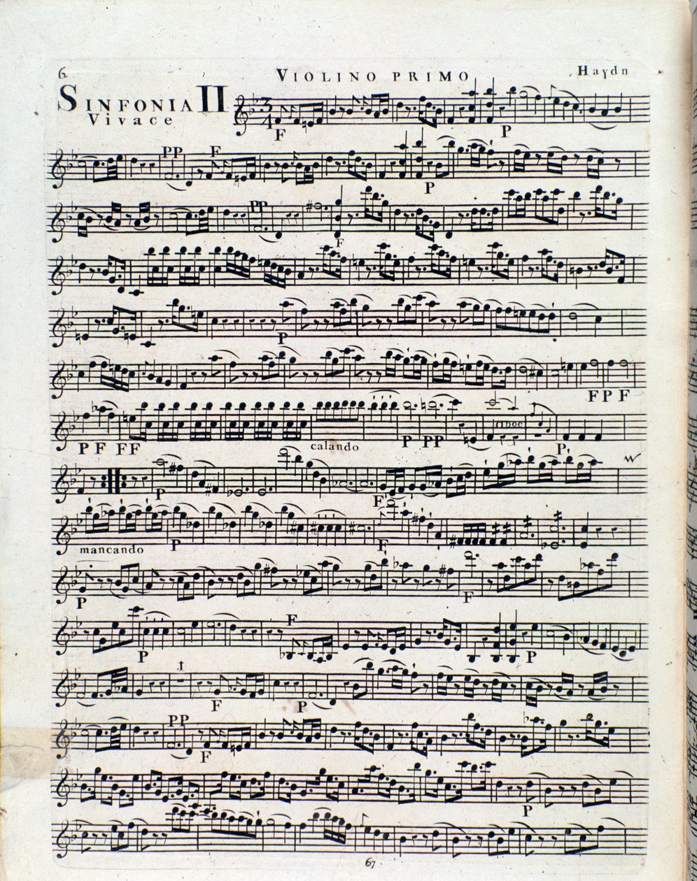 Første side med partitur for fiolin i symfoni nr. 2 av J Haydn av Unbekannter Künstler