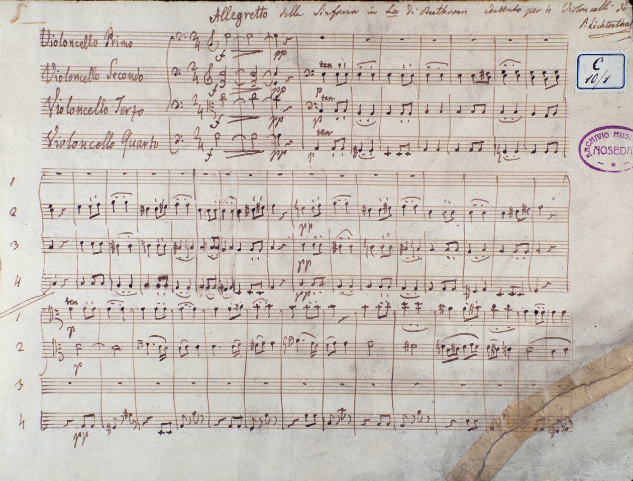 Første side av partituret for fire celloer av Symphony n. 7 nb A-dur, op. 92, av Ludwig van Beethoven av Unbekannter Künstler